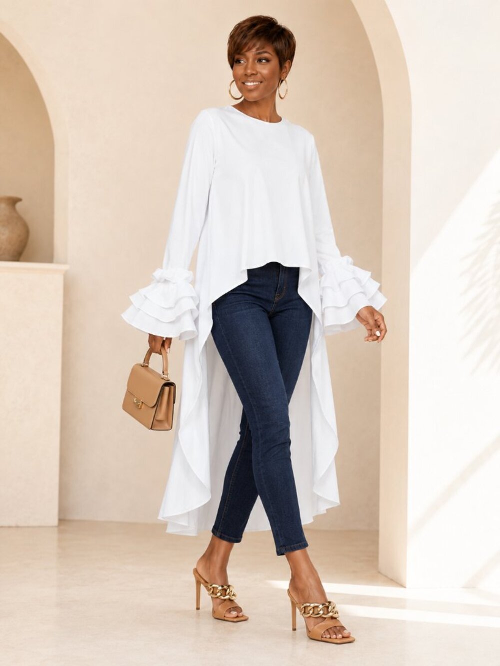 White High-Low Tiered Ruffle Sleeve Statement Blouse S–2XL